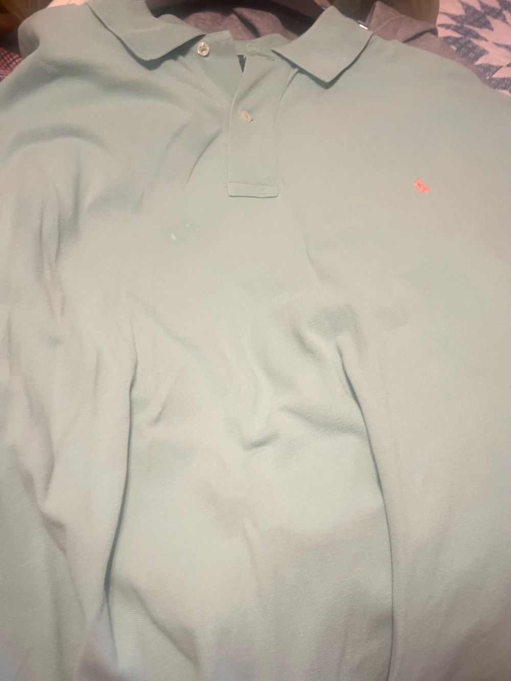 Men's Polo Shirt in Light Mint with Pink Logo VERY small spot